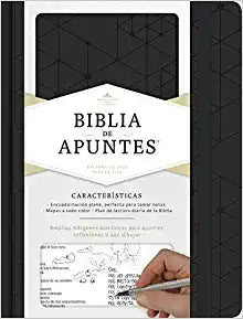 Un cuaderno «Biblia de Apuntes» de tapa dura negra, ideal como «Biblia para notas» de la versión Reina-Valera 1960, con una nota escrita a mano en una página abierta, en la esquina inferior derecha.