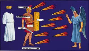 Ilustración de un soldado romano con armadura en la que se representan las virtudes, una túnica blanca y una corona; flechas en llamas que representan los vicios; y una figura alada vestida de azul: ideal para enseñar Efesios 6 y las defensas espirituales cristianas en cualquier material didáctico bíblico.