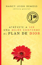 Portada del libro «Atrévete a ser una mujer conforme al plan de Dios», una obra cristiana de Nancy Leigh DeMoss, con fondo amarillo y una flor roja en la parte inferior, inspirada en el llamamiento a vivir una feminidad piadosa.
