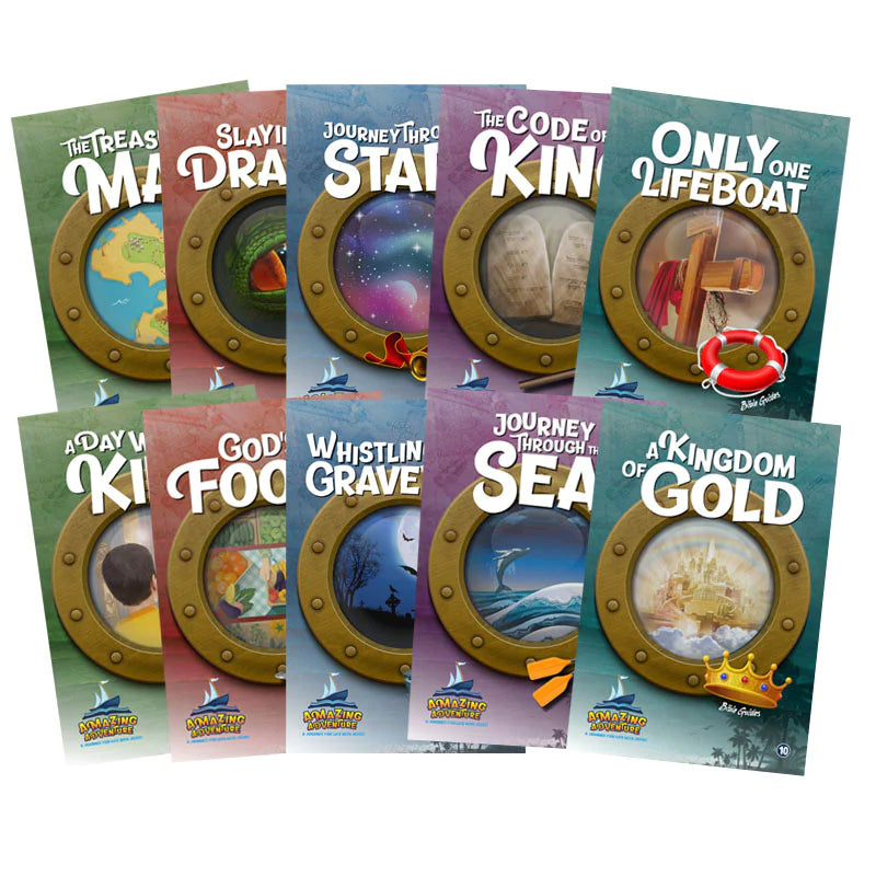 Una colección de diez libros infantiles ilustrados con temática de aventuras, en cuya portada aparece un ojo de buey que enmarca diferentes escenas, perfectos para complementar los estudios bíblicos para niños o las lecciones bíblicas infantiles.