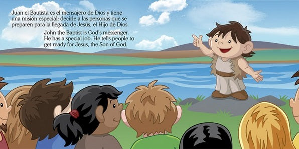 Ilustración de cómic en la que Juan el Bautista habla con unos niños junto a un río, con texto bilingüe extraído de «Pequeños héroes de la Biblia», un librito bilingüe para niños que explica su papel como mensajero de Dios.