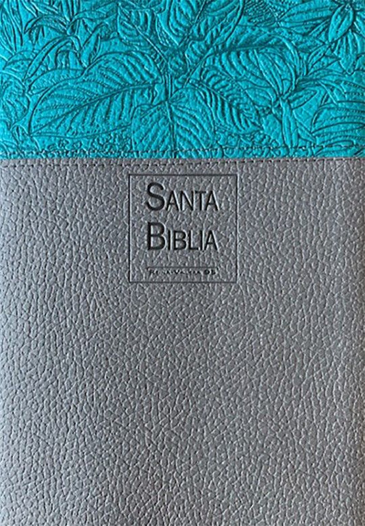 Primer plano de la cubierta de un libro en dos tonos, con motivos de hojas azules en relieve y un material gris con textura, en cuya portada se leen las palabras «Santa Biblia». Se trata de la edición Reina-Valera 1995, ideal como Biblia para la mujer.