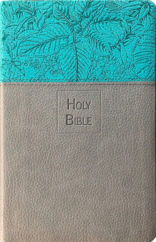 Una Biblia NKJV cerrada, con la mitad inferior gris texturizada y la mitad superior de color verde azulado, con un relieve de hojas: una Biblia inspiradora para mujeres que buscan consuelo en las promesas bíblicas.