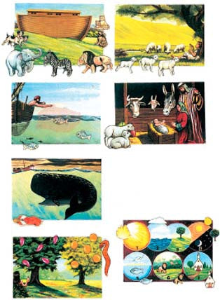 Un collage de escenas bíblicas ilustradas extraídas de un libro de cuentos bíblicos, en el que aparecen el Arca de Noé, los animales, el Nacimiento, Jonás y la ballena, Adán y Eva, escenas de la creación y figuras móviles para contar historias de forma interactiva.
