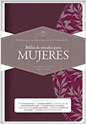 Portada de una Biblia de estudio para mujeres en español, con un diseño floral en tonos morados y blancos y el título «Biblia de estudio para Mujeres», que incluye «estudios de palabras» y «comentarios en notas» para una comprensión más profunda.