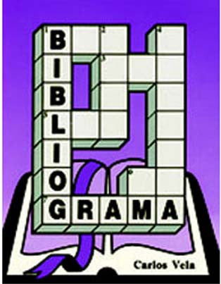 Una ilustración de un libro abierto con un crucigrama encima en el que se lee «BIBLIOGRAMA», que hace referencia a los crucigramas bíblicos. El fondo pasa gradualmente del morado al azul, y el nombre «Carlos Vela» aparece en la esquina inferior derecha.