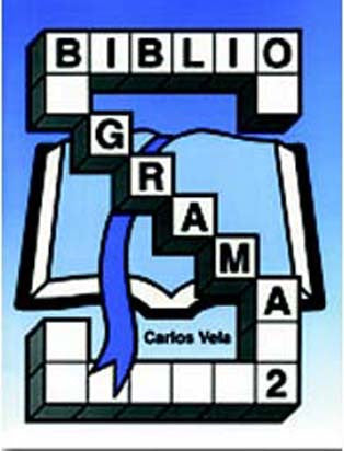 Una ilustración de bloques de crucigramas bíblicos que forman la palabra «BIBLIOGRAMA» sobre un libro abierto con una cinta azul. También se ven el nombre «Carlos Vela» y el número 2, ideal para actividades para niños y juegos bíblicos.