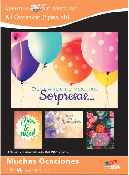 La portada de un juego de tarjetas de felicitación muestra globos de colores y tres tarjetas de diferentes diseños con texto en español para diversas ocasiones; lleva las etiquetas «Muchas Ocasiones» y «All Occasion (Spanish)».