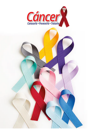 Varias cintas de concienciación de distintos colores están dispuestas sobre un fondo blanco, simbolizando los diferentes tipos de cáncer y haciendo hincapié en la prevención del cáncer. La palabra «Cáncer» aparece en la parte superior, acompañada de una cinta roja.