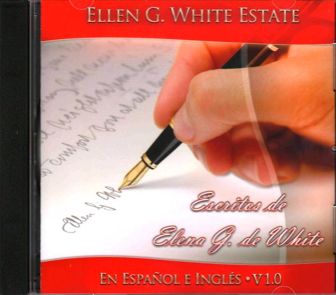 Una mano escribe con una pluma estilográfica sobre un papel en el que figuran los nombres «Ellen G. White Estate» y «Escritos de Elena G. de White» sobre un borde rojo, en español e inglés; ideal para quienes estudian la Biblia en español o las obras de Elena G. de White.