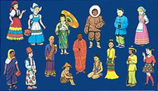 Ilustración de personajes multiculturales vestidos con trajes tradicionales de diversas culturas, dispuestos en filas sobre un fondo azul.