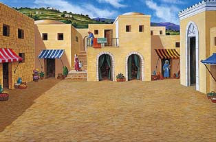 Un patio que recuerda a los tiempos bíblicos, con edificios de piedra de color beige, puertas en arco, escaleras al aire libre, toldos a rayas, plantas en macetas y unas cuantas figuras vestidas con túnicas bajo un cielo despejado: un fondo perfecto para una calle de la ciudad.