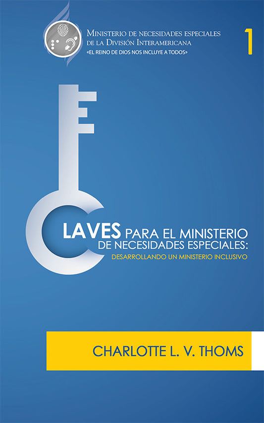 Portada del libro titulado «Claves para el Ministerio de Necesidades Especiales», de Charlotte L. V. Thoms, en la que aparece una gran ilustración de una llave sobre fondo azul, ideal para quienes buscan un ministerio inclusivo en la iglesia dirigido a personas con discapacidad.