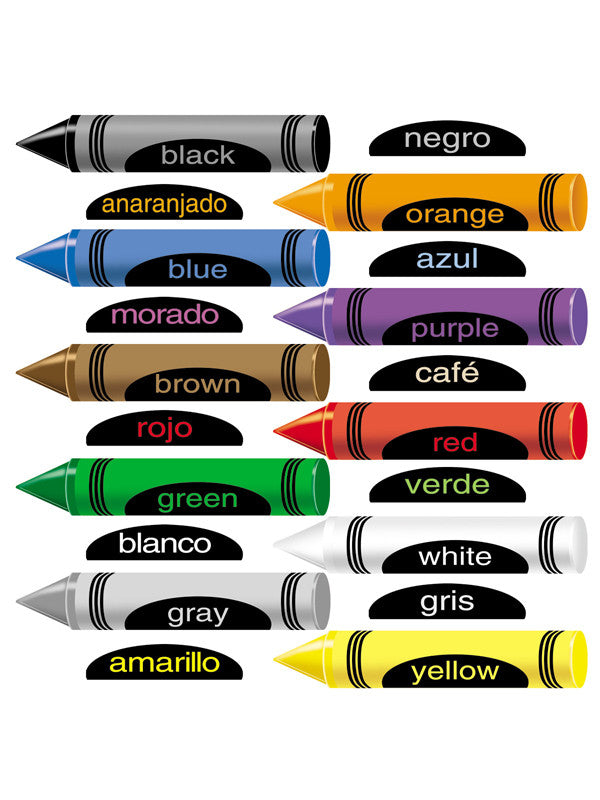Ilustración de lápices de colores gigantes con etiquetas bilingües en inglés y español, en las que se combinan los colores de la siguiente manera: negro/black, naranja/anaranjado, azul/blue, morado/purple, marrón/café, rojo/red, verde/green, blanco/white, gris/gray y amarillo/yellow.
