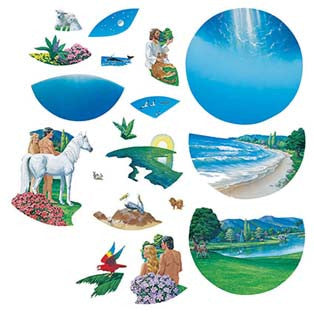 Collage de escenas naturales ilustradas —en las que aparecen personas, caballos, pájaros, tortugas, playas, cielos azules y bosques— dispuestas en formas circulares y semicirculares inspiradas en las historias bíblicas y en el círculo de la creación.