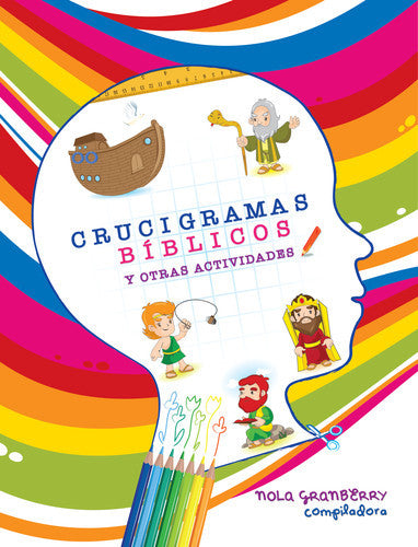 Portada colorida de un libro de actividades español titulado «Crucigramas bíblicos y otras actividades», en la que aparecen personajes bíblicos de dibujos animados, un arca, lápices de colores y divertidos laberintos para niños.