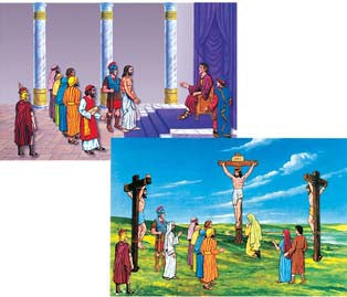 Ilustración de Jesús siendo juzgado ante un juez, rodeado de guardias y curiosos, y una escena aparte de la crucifixión, que recogen los momentos clave de la historia de la Semana Santa. Esta imagen forma parte de un conjunto de 25 piezas.
