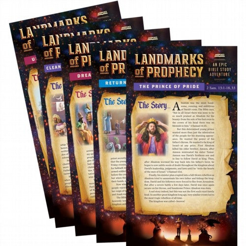 Me encantan las coloridas guías de estudio bíblico «Landmarks of Prophecy», con portadas y texto ilustrados, cada una de las cuales presenta un título diferente para una lección bíblica sobre profecías.