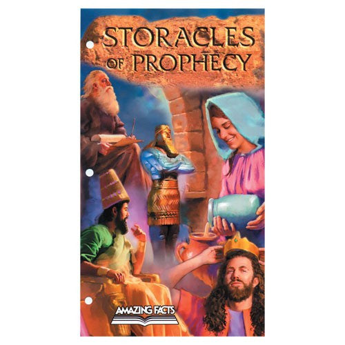 Una portada ilustrada a todo color titulada «Storacles of Prophecy» muestra figuras bíblicas, entre ellas una estatua, una mujer vertiendo agua y hombres con túnicas, que invitan a los lectores a estudiar la Biblia y a explorar las técnicas de enseñanza de Jesús.
