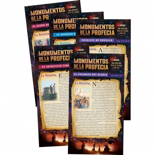 Cuatro folletos religiosos a todo color titulados «Monumentos de la Profecía» en español, cada uno con titulares distintos, marcos temáticos e ilustraciones sobre «las profecías de la Biblia» y el mensaje de Dios.