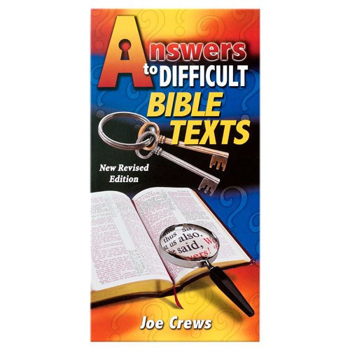 Portada del libro titulado «Respuestas a textos bíblicos difíciles», de Joe Crews, en la que aparecen unas llaves, una Biblia abierta y una lupa que resalta el texto: perfecta para abordar las contradicciones de la Biblia durante tu estudio bíblico.