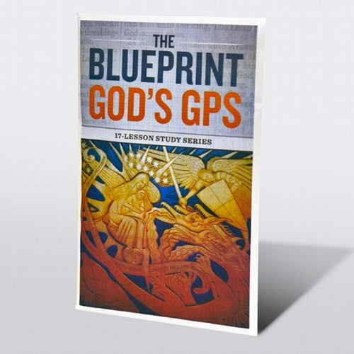 Folleto titulado «The Blueprint: God's GPS», una serie de 17 lecciones con ilustraciones religiosas de ángeles y figuras en la portada, que ofrece un conjunto de lecciones bíblicas para el crecimiento espiritual guiado.