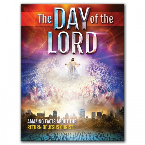 La portada de un libro de temática religiosa titulado «El día del Señor» muestra a un Jesús radiante sobre una multitud, rodeado de una luz brillante y nubes; el subtítulo destaca el regreso de Cristo y analiza cómo prepararse para este acontecimiento trascendental.
