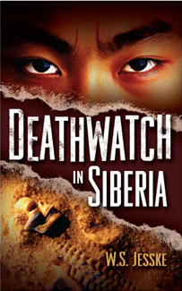 Portada del libro *Deathwatch in Siberia*, de W.S. Jesske, en la que se aprecian unos ojos intensos sobre un trozo de papel rasgado y una pequeña figura tumbada en la nieve, lo que refleja las duras realidades a las que se enfrenta una familia cristiana en Siberia mientras se aferra a la fe y a las tradiciones del sábado.