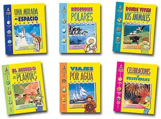 Seis coloridos libros infantiles en español están dispuestos en dos filas. Cada portada de esta enciclopedia para niños muestra ilustraciones sobre temas como el espacio, las regiones polares, los animales, las plantas, los viajes acuáticos y las fiestas.
