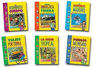 Seis coloridos libros infantiles en español con portadas ilustradas se presentan en dos filas, con temas como el cuerpo humano, la Tierra, la vida marina, los viajes, los trópicos y la piscicultura; perfectos como una enciclopedia para niños.