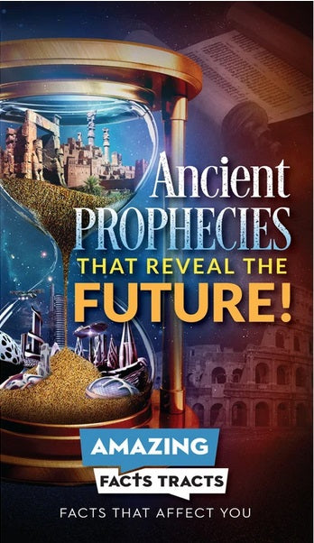 Un reloj de arena ilustrado con paisajes urbanos antiguos y futuristas, un libro abierto y el texto «¡Profecías antiguas que revelan el futuro!». Folletos evangelísticos de «Hechos asombrosos». Guías de estudio bíblico. «Hechos que te afectan».