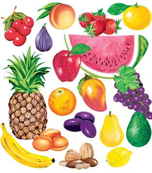 Una selección variada de frutas y frutos secos, entre los que se incluyen piña, plátano, melocotón, manzana, naranja, higo, aguacate, pera, uvas, sandía, fresas y cerezas, se presenta sobre un fondo blanco a modo de herramienta educativa nutricional.