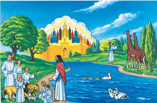 Unas personas vestidas con túnicas blancas se encuentran junto a un río, rodeadas de animales, árboles y pájaros, mientras que, entre las nubes a sus espaldas, destaca una Ciudad Santa dorada.