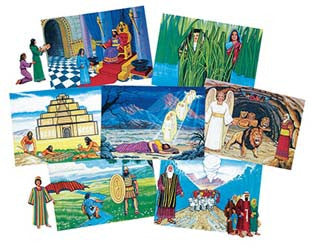 Un collage de ilustraciones a todo color que representan escenas y personajes de las historias del Antiguo Testamento, entre los que se incluyen ángeles, reyes, guerreros y edificios antiguos; ideal para cualquier libro de cuentos bíblicos o libro de fieltro.