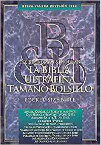 Portada de «La Biblia Ultrafina Tamaño Bolsillo», edición Reina-Valera 1960, en la que las palabras de Cristo aparecen en rojo, con un fondo marmolado y texto en dorado y blanco.