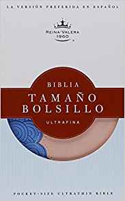 Portada de una Biblia española Reina-Valera 1960 con el texto «Biblia Tamaño Bolsillo Ultrafina», con un diseño en azul y beige, ideal para quienes buscan el plan de salvación.
