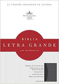 Portada de una Biblia en español titulada «Biblia Letra Grande con Palabras de Cristo en rojo», con un diseño en rojo y blanco, y un pequeño adelanto de la cubierta negra en la esquina inferior derecha.