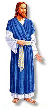 Ilustración de una figura inspiradora con el pelo largo y barba, que lleva una túnica azul sobre una prenda blanca, un cinturón a rayas y sandalias, de pie con una mano extendida; ideal para la habitación de un niño.