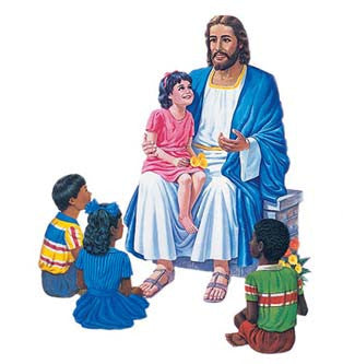Una ilustración de Jesús con niños: un hombre vestido con una túnica está sentado y habla con cuatro niños de distintas etnias, que se han reunido a su alrededor con atención; ideal como cuadro religioso para colgar en la pared.