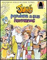 Portada ilustrada de Libros Arco en la que aparece José, personaje bíblico, sonriendo y rodeado de sus hermanos y de animales; el título reza: «José perdona a sus hermanos». Incluye historias bíblicas con ilustraciones a todo color.