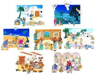 Un collage de ilustraciones coloridas, inspiradas en los libros de actividades para niños, que representan diversas escenas de la vida en un pueblo histórico del desierto, entre las que se incluyen personas, animales y actividades cotidianas.