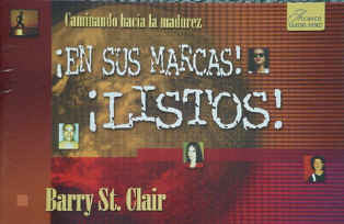 Portada del libro en español con el texto «¡En sus marcas! ¡Listos!», de Barry St. Clair, en la que aparecen pequeñas fotos de jóvenes cristianos sobre un fondo de color marrón rojizo. Perfecto para quienes buscan fortalecer su relación con Jesús.