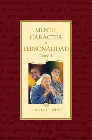 Portada del libro *Mente, Carácter y Personalidad, Tomo 1*, de Elena G. de White, en la que aparecen tres personas sobre un fondo rojo con una sutil inscripción, que ilustra la conexión entre el cuerpo y la mente a la hora de afrontar los problemas emocionales.