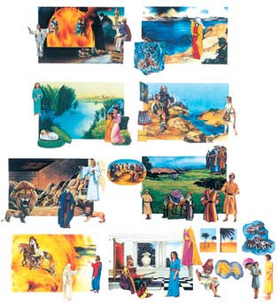 Collage de escenas bíblicas ilustradas inspiradas en relatos de la Biblia, en las que aparecen diversos personajes, paisajes y acontecimientos —entre ellos, el pequeño Moisés— ambientados en desiertos y junto al agua, con personas vestidas con ropa de la antigüedad. Perfecto para un libro infantil.