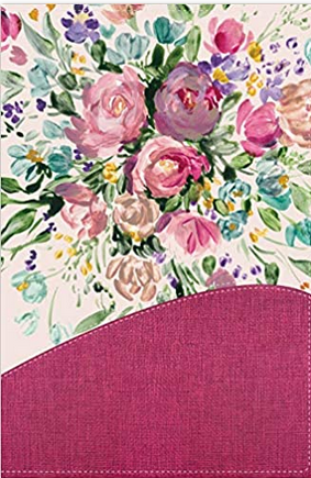 Una pintura en acuarela con motivos florales en tonos rosa, morado y azul sobre una zona texturizada de color rosa liso en la parte inferior, inspirada en las «herramientas de estudio bíblico» para darle un toque reflexivo.
