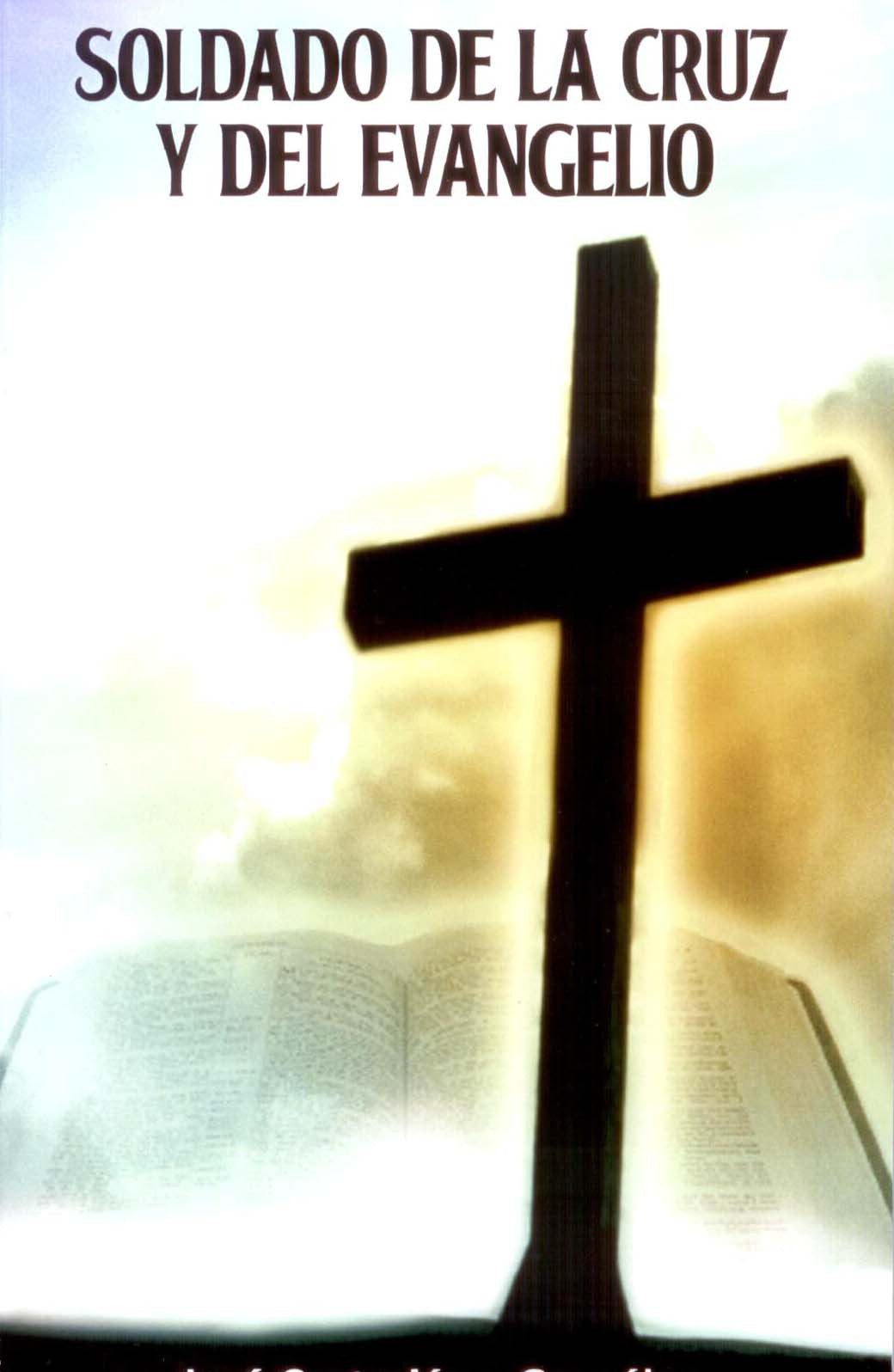 Una cruz negra se alza frente a una Biblia abierta, con una luz que brilla detrás de ellas, simbolizando el liderazgo pastoral; el texto que aparece encima reza: «Soldado de la Cruz y del Evangelio».