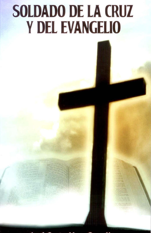 Una cruz negra se alza frente a una Biblia abierta, con una luz que brilla detrás de ellas, simbolizando el liderazgo pastoral; el texto que aparece encima reza: «Soldado de la Cruz y del Evangelio».