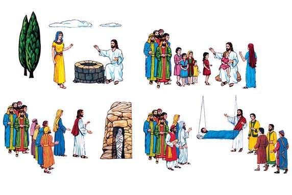 Ilustración que representa escenas del Evangelio de la vida de Jesús: hablando con una mujer junto a un pozo, enseñando a grupos de personas, resucitando a Lázaro y curando a un paralítico; una vívida historia bíblica representada con expresivas figuras de fieltro que representan a Jesús.