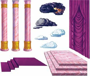 Ilustración de columnas de mármol rosa y escalones de escenario con nubes y nubes de tormenta al fondo, con cortinas de escenario rosas sobre un fondo blanco: perfecta como superposición para una sala del trono o como fondo interior grande para una escena de un palacio real.