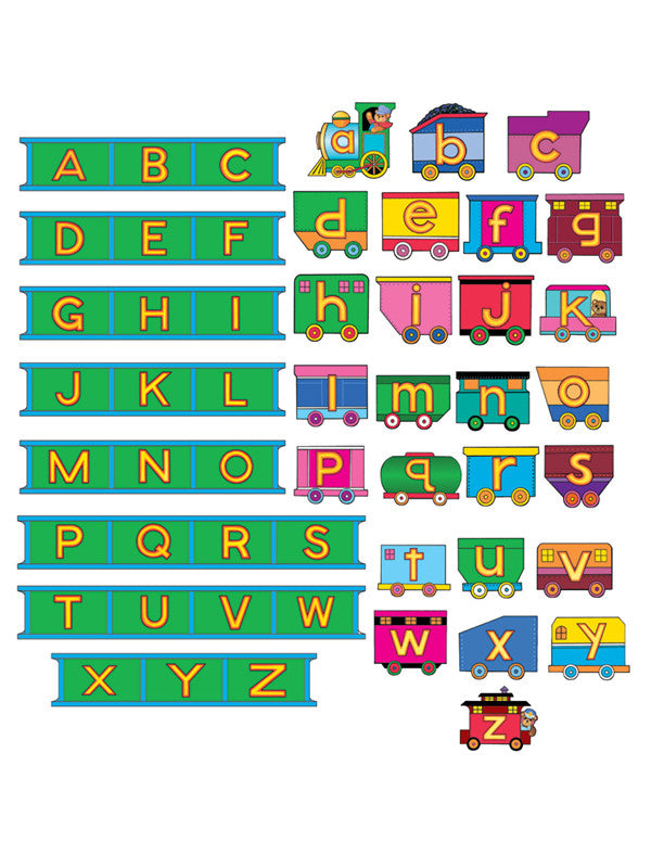 Las letras del alfabeto, con vías en mayúsculas y vagones en minúsculas, aparecen en coloridos trenes y vías, ordenadas alfabéticamente para que los niños se diviertan emparejando las letras.
